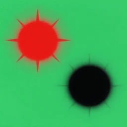 an abstract space of symbols and a pair of acid red and black sun in a green sea