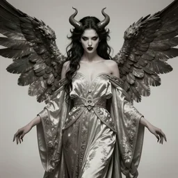 beautiful female angel fused with poltergeist demon, legendary epic pose, few elegant silk robes with ornate pattern, portrait, intricate details, vicious appearance, by vincent di fate, artgerm, julie bell, beeple and Greg Rutkowski, 90s, concept, Smooth gradients, octane render, 8k, High contrast, duo tone, depth of field, very coherent symmetrical artwork