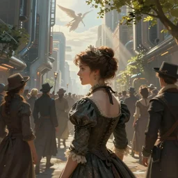 portrait of a victorian lady within a crowd of people in a futuristic city, from behind, streets, angels in the sky, sunlight and rays of light shining through trees, beautiful, solarpunk!!!, highly detailed, digital painting