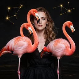 keira knightley flamingo portrait, loish, rhads, artgerm, artstation, black gold constellation