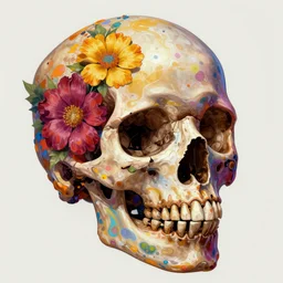 colorful skull in flowers by rembrandt and lise deharme and artgerm, digital art, detailed masterpiece