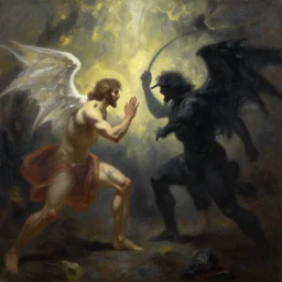 The battle between light and darkness on an oil painting