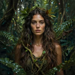 portrait of a mysterious woman surrounded by plants and vines in the jungle, spirit of ayahuasca, art by christophe vacher