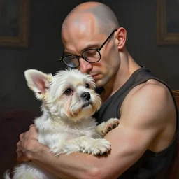 bald french man wearing glasses hugging a small white dog, fantasy, high detail, elegant, digital painting, cinematic lighting, vibrant, intricate, textured skin, highly detailed, artstation, sharp, focus, hdr, unreal engine 5, breathtaking, illustration, anna dittmann, ilya kuvshinov, nikolay makovsky