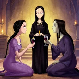 wednesday addams from the addams family as jesus sharing bread and wine with the local community, joyful, holy rays of spiritual light, goth, pixar style, satanic ritual, shaded lighting poster by magali villeneuve, artgerm, jeremy lipkin and michael garmash, rob rey and kentaro miura style, trending on art station