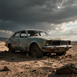 a post apocalyptical car abandoned in a wasteland, max max style, low angle view