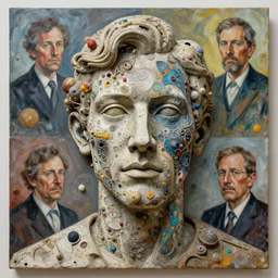 a sculpture portrait made of material and electronic and molecules and atoms, painting part by wojciech siudmak, part by ilya repin, part by max ernst, part by norman rockwell, artstation