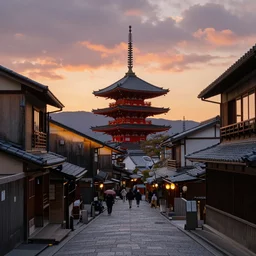 sunset in kyoto, street view, ultra realism, intricate, atmospheric, 8 k resolution, rendered in 3 ds max