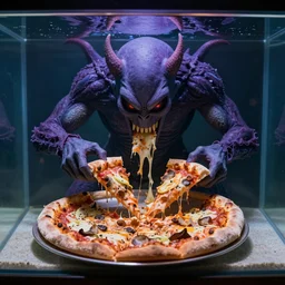 cthulhu eating pizza in an aquarium