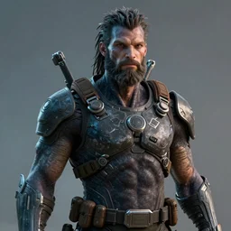 art by greg rutkowski, portrait of a male humanoid alien, resembling to the na'vis from avatar, predatory look, tall and muscular, beard, wearing a futuristic tactical gear, sharp focus, cinematic lighting, artstation hq.
