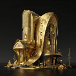 hyper realistic landscape concept art house solarpunk, gold and black ratio, style brutalism, alphonse mucha, octane render