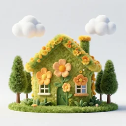 flower designed as a house, clouds, tall trees, octane render, volumetric, unreal engine