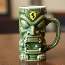 a closeup photorealistic photograph of a ferarri themed tiki mug sitting at a trader vic's bar. tiki theme. bright scene. fine detail. this 4 k hd image is trending on artstation, featured on behance, well - rendered, extra crisp, features intricate detail, epic composition and the style of unreal engine.
