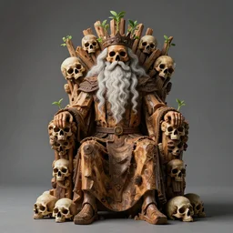 elder wooden god sitting in a throne made of skulls, with sprouts as it ´ s crown