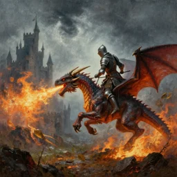 a knight going to jump to get on a dragons back as it breathes fire and inflames the ground beneath him, with castle in distance, stormy, raining, painting