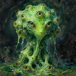 portrait of green noise an amorphous blob, slimy alien creature witg hundreds of eyes painted by greg rutkowski, wlop,,