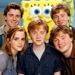 A badass photo of old emma watson, daniel radcliffe and Rupert Grint in a spongebob adventure movie by nuri iyem, james gurney, james jean, greg rutkowski, anato finnstark. hyper detailed, 50mm, award winning photography, perfect faces.
