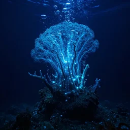 bioluminescent underwater life, blue light, cyberpunk, deep ocean, bottom of the sea, dark, extreme depths, organic, mariana trench, midnight zone, bubbles, hyper realistic, hyper detailed, digital art, trending in artstation, studio quality, photorealistic, photo, by jesper ejsing, wlop, paul lehr