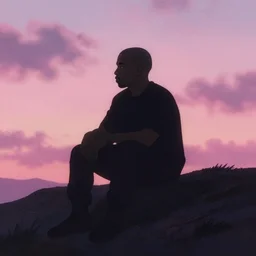A painting of a silhouette of Kanye West sitting on a hill by the sunset by Shinji Arakami, dreamy, pink skies, cloudy, melancholic, anime, cool, Ghibli-style, disney-style, extremely detailed