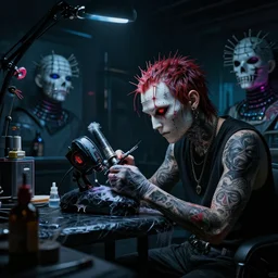 cyberpunk hellraiser room of a tattoo artist in the futur dark