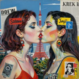 beautiful painting of two bizarre psychedelic women kissing each other closeup in tokyo in summertime, speculative evolution, mixed media collage by basquiat and junji ito, magazine collage art, paper collage art, sapphic art, lesbian art