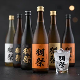 a range of organic geodesic sake bottles with futuristic labels next to a glass of ice - cold sake, kanji decals, black and orange colour palette, octane render, bokeh, depth of field, product shot