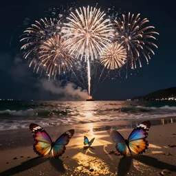 beach, sea, butterfly, fireworks