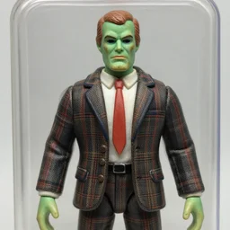 plastic wolfman action figure with faded green face dressed in a plaid suit. 1 9 7 9 vintage