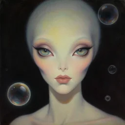 close - up portrait painting of a beautiful weightless alien woman with big eyes in space, by frank frazetta and norman rockwell. glowing bubbles. muted colors, soft gradients. dark background. trending on artstation. retrofuturism.