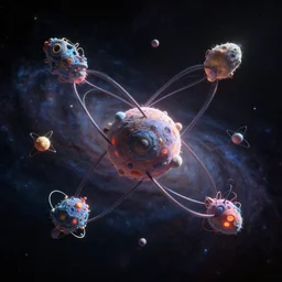 a hyperrealistic rendering of atomic structures, suspended in outer space, dark matter, galactic, wide color gamut, unreal engine 5