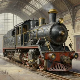 an ancient gg 1 locomotive, detailed, intricate, paris railway station background, photorealism, volumetric lightsby moebius and ricardo robles, marco turini, oil, ink, gouache, 3 d illustration, octane render