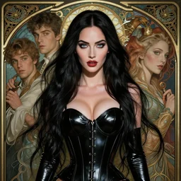 new art nouveau portrait of fantasy succubus megan fox wearing a latex corset, anna dittmann, patrick nagle, charlie bowater and loish. long windblown hair, very large, clear, expressive, and intelligent eyes, ultrasharp focus, dramatic lighting, photorealistic digital matte painting, intricate ultra detailed background.