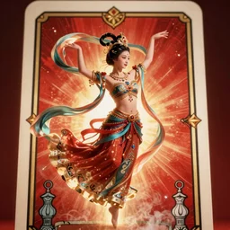a goddess in chinese mythological dance in the air, tang dynasty costume, silk streamers, gorgeous, tarot card, red background, unreal engine, artstation