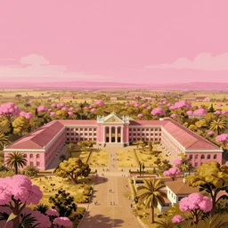 senegalese college university campus in the year 1 9 9 0, beautiful landscape, concept art illustration, by studio ghibli and denys cowan, breathe of the wild style, hot pink and gold color scheme, 3 2 k, hd, intricate details, epic composition, perfect rules of thirds