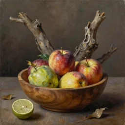 a wooden bowl with impossible fruits, oil painting, dead nature study