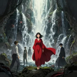a woman dressed in red is poised to lead a man through a cascade the pre - raphaelite man escape to the inner recesses of my mind a bleak dystopian future by dan mumford, yusuke murata, makoto shinkai, ross tran, cosmic, heavenly, god rays, intricate detail, cinematic, cel shaded, unreal engine, featured on artstation, pixiv