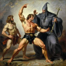 stunning bodybuilder defeating master wizard with bare hands, highly detailed painting by gaston bussiere, craig mullins, j. c. leyendecker, 8 k