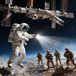 an astronaut shoot a group of soilder far away near a space station in the space. trending on art station.