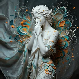 a wide portrait of a beautiful girl, porcellaine skin with golden tears, hiding face and torso behind beautiful intricate flowy silky cloth, dramatic lighting, splashy intricate thick paint texture on the face and body, intricare abstract flower arrangement, teal and orange palette