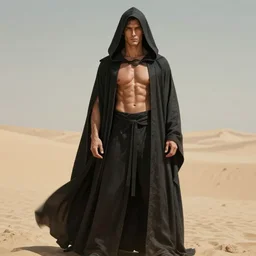 full body portrait of charles dance covered in a long hooded cape, muscular physique, lean, fit, abs, long robe. hourglass, desert background. detailed face, concept art, intricate, highly detailed 8 k, smooth, sharp focus, handsome and aesthetic shape of face and body, artgerm, artstation, art by zexi guo and nira and junpei suzuki
