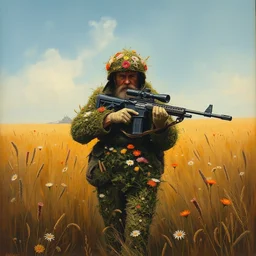 portrait of a sniper in ghillie suit covered with flowers, walking in field, blue sky, detailed, painting by craig mullins, james jean, caspar david friedrich