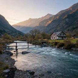 DSLR still of a beautiful mountainside river with a pier and a outdated home at sunrise, 4k