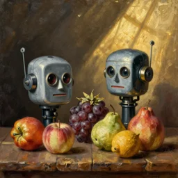 still life painting of vintage robot heads and various fruit by pieter claesz, oil on canvas, strong lighting, highly detailed, hyper realism, golden hour, god rays, hd, 4 k