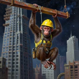 a monkey that is dressed like construction worker, hanging a girder on a skyscraper under construction, wearing a hardhat!! cosmic horror painting, elegant intricate digital painting artstation concept art by mark brooks and brad kunkle detailed