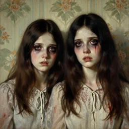 a beautiful and eerie baroque painting of two beautiful but creepy siblings in layers of fear, with haunted eyes and dark hair, 1 9 7 0 s, seventies, wallpaper, a little blood, morning light showing injuries, delicate embellishments, painterly, offset printing technique, by brom, robert henri, walter popp