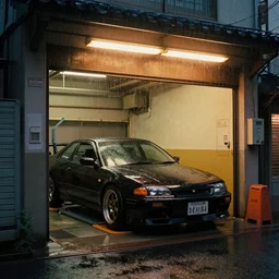 japanese garage, raining, open door, wet street. Black street racing car on lift. Warm fluorescent lighting. Bladerunner 2049 (muted colors) grounded live action scene. artstation trending. 45mm camera photo 2017. Street racer garage tokyo colorful.