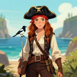 pirate girl with her pet magpie, seaside backgroud, young adult fantasy novel cover, art by chengwei pan, art by viktoria gavrilenko, detailed, intricate, trending on artstation