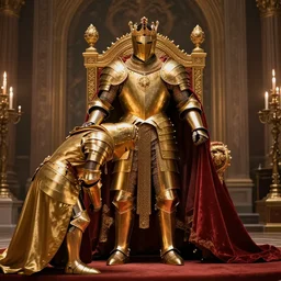 a tall and powerful royal knight in golden armor bowing to his king in a throne room, 4 k hd wallpaper, photo realistic, harsh lighting