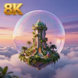 tower inside a bubble, floating on clouds, realistic 3 d render, unreal engine, gardens, ecofuturism, solarpunk, maya, 8 k, vmax, award winning, trending on artstation, smooth, sharp focus, octane, twilight sunset background