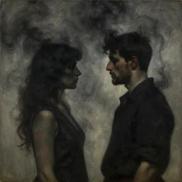 a man and a woman facing each other, they are covered with black smoke, a painting by john harris, barlowe wayne, maxfield parrish, gustave dore and marco mazzoni. hyper detailed.